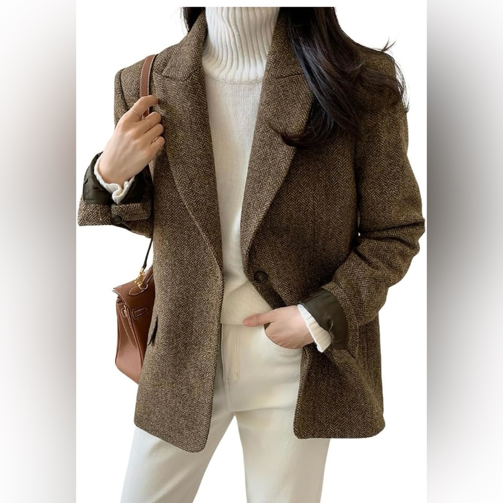Women's Brown Herringbone Single-Button Blazer - image 2